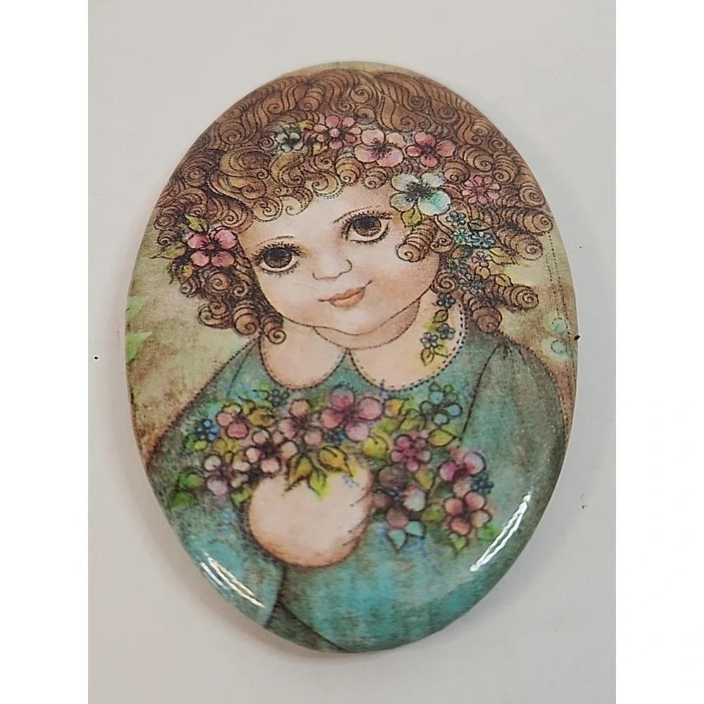 Vintage 1970s Big Eye Girl Pocket/Purse Mirror, Kitsch Flower Child, Retro Boho